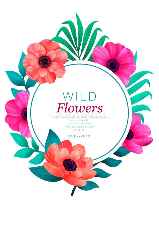 Floral circle frame. Tropical flowers trendy template. Design with beautiful flowers and palm leaves with copy space on stock illustration Floral circle frame. Tropical flowers trendy template. Design with beautiful flowers and palm leaves with copy space on stock illustration