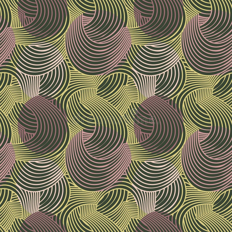 Abstract seamless floral pattern created of dense geometric flowers in dark green, yellow and pink. royalty free illustration