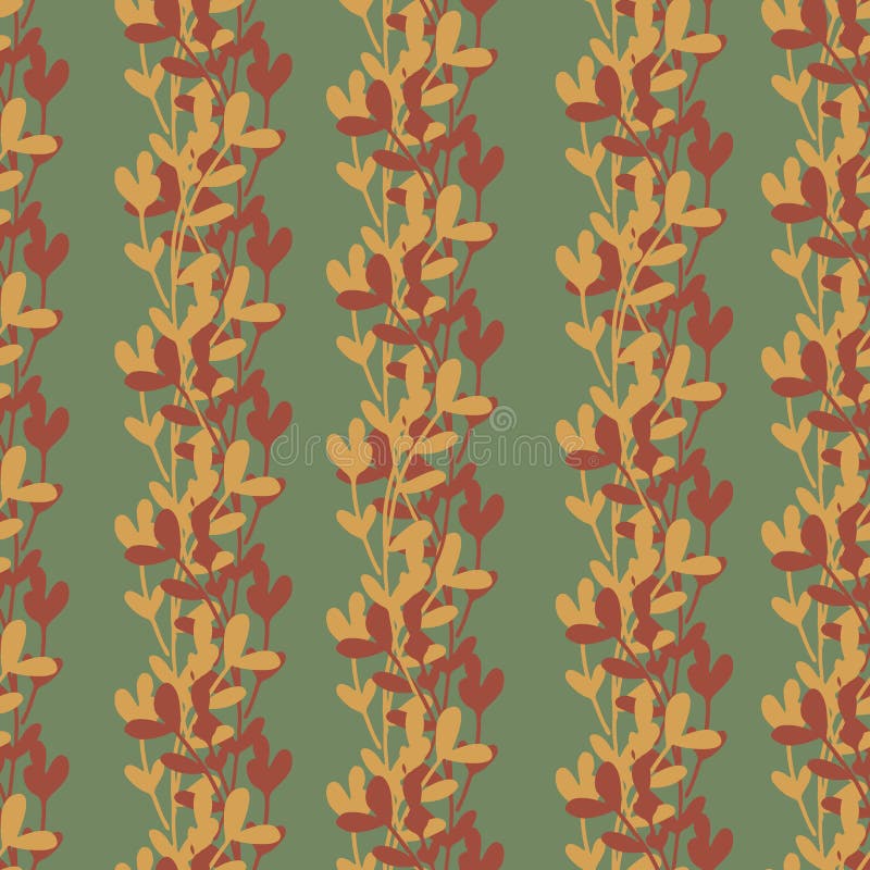 Floral climber seamless vector pattern background. Climbing foliage backdrop in sage green ochre. Stripe effect vertical royalty free illustration