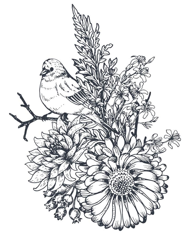 Floral composition. Bouquet with hand drawn flowers, plants, birds.