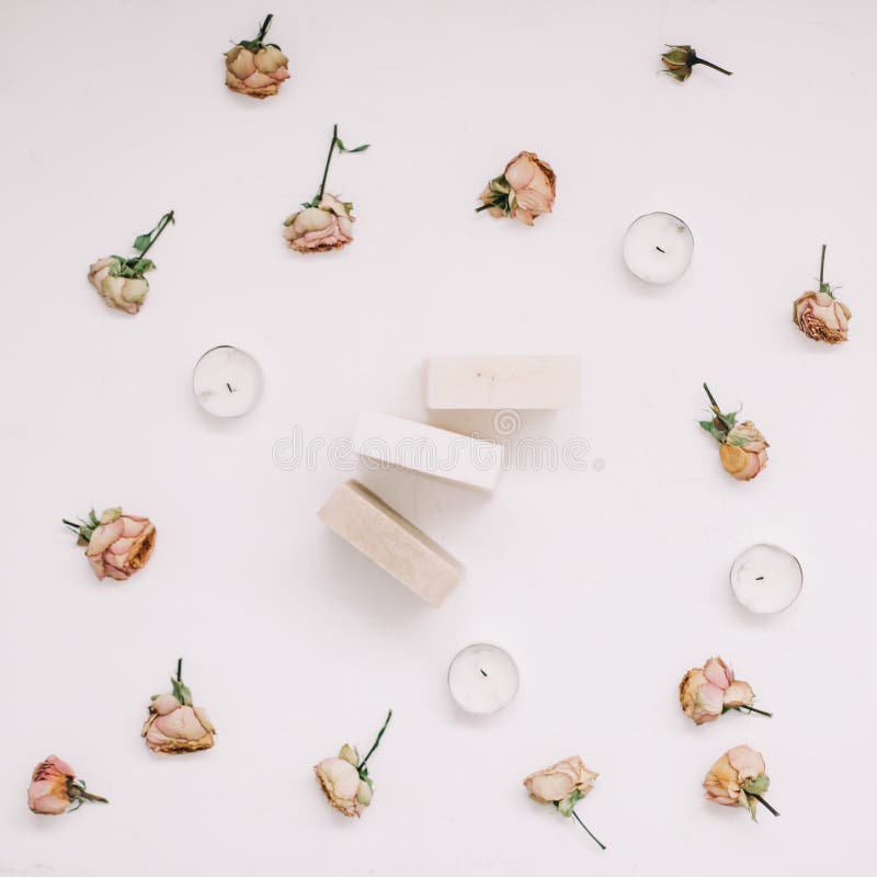 Download Natural Handmade Soap In A Frame Of Flowers On White Background. Flat Lay, Top View Mockup Copy ...