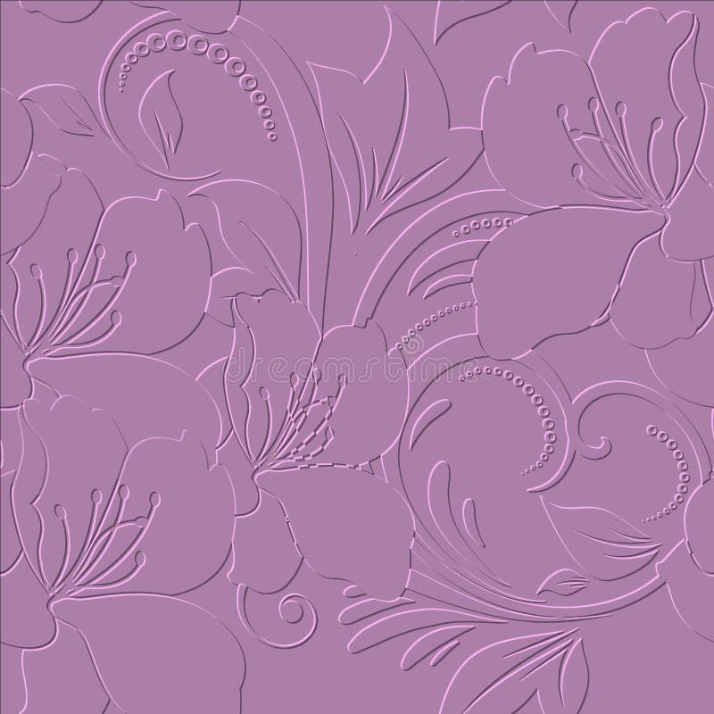 Floral 3d seamless pattern. Flowery embossed vector background. Relief emboss lily orchid flowers. Vector repeat flourish backdrop