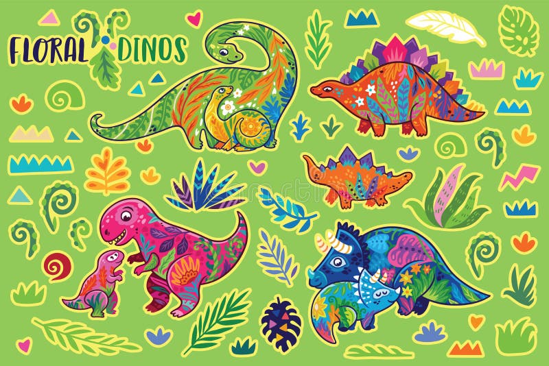 Floral dinosaurs. Bright sticker set. Vector illustration vector illustration