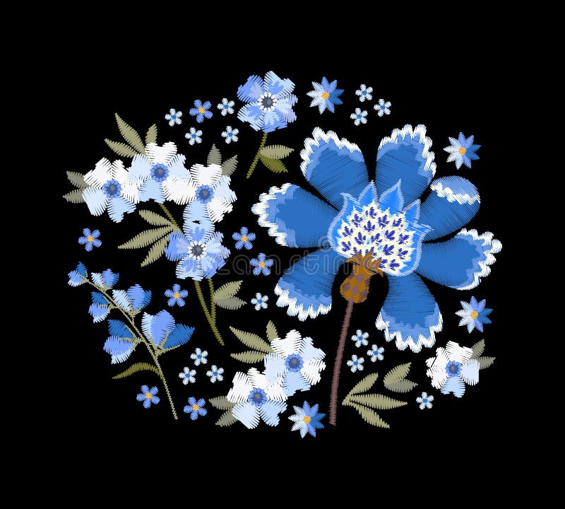 Floral embroidery. Beautiful composition with blue flowers on black background vector illustration
