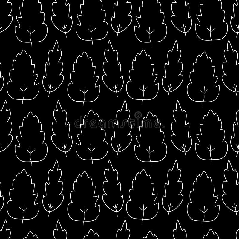 Floral Endless Pattern of Handdrawn White Leaves on a Black Background