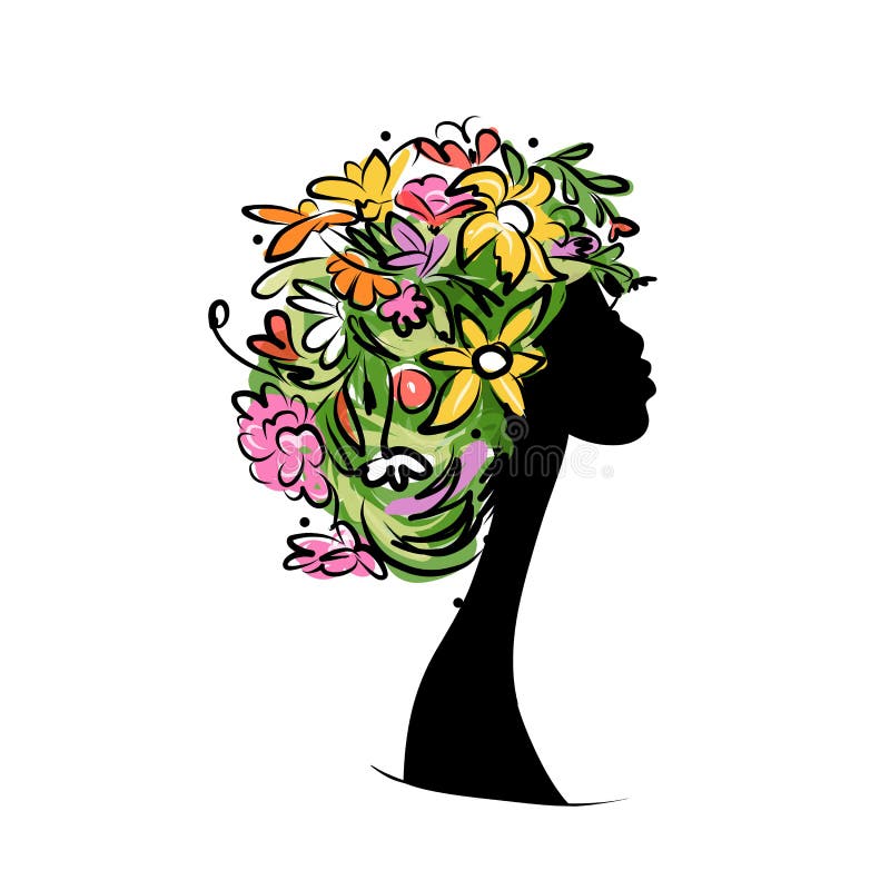 Floral female portrait, pretty woman profile. Design for fashion cards, banners, posters