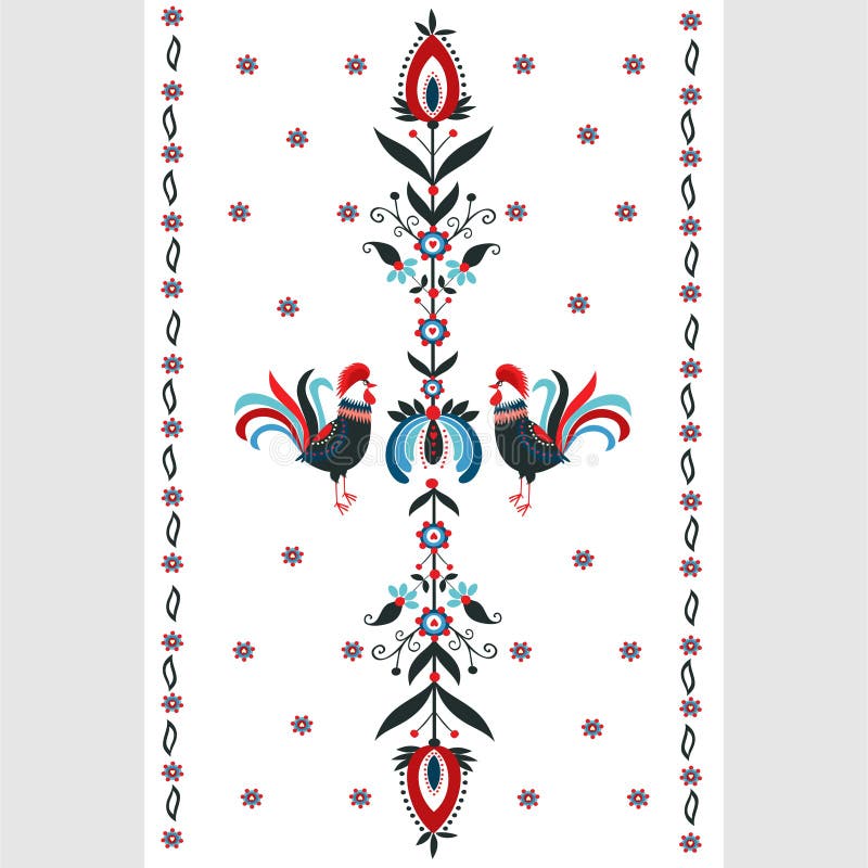 Traditional Polish Folk Art Pattern On Black Wzory Lowickie Wycinanki Stock Illustration