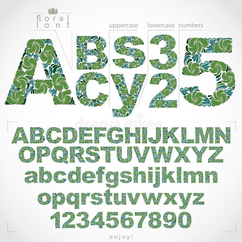 Floral font and numbers, hand-drawn vector alphabet letters decorated with botanical pattern. Ornamental typescript and vector illustration Floral font and numbers, hand-drawn vector alphabet letters decorated with botanical pattern. Ornamental typescript and vector illustration
