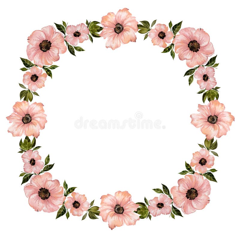 Floral frame illustration. Beautiful pink flowers with green leaves. Round pattern on white background with space for your text.