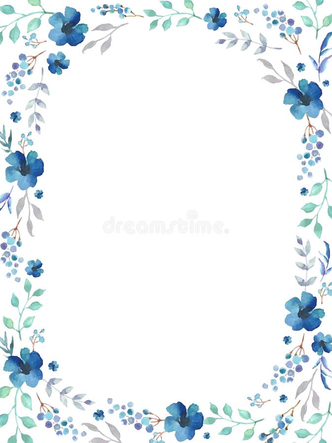 Floral frame template with blue flowers and swirly leaves on white background