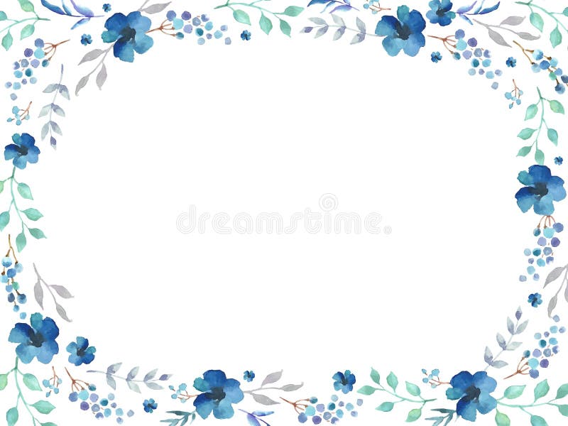 Floral frame template with blue flowers and swirly leaves on white background