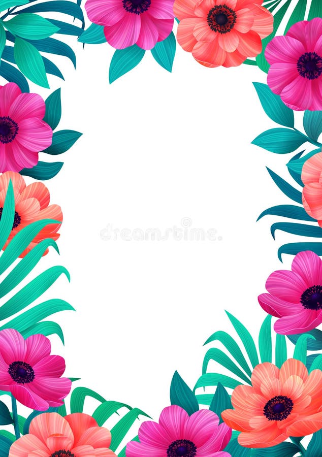 Floral frame. Tropical flowers trendy template. Vertical Design with beautiful flowers and palm leaves with copy space stock illustration Floral frame. Tropical flowers trendy template. Vertical Design with beautiful flowers and palm leaves with copy space stock illustration
