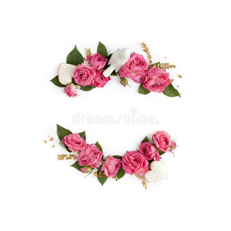 Floral frame wreath of rose flower buds, leaves and romantic decorations on white background mockup. Flat lay, top view