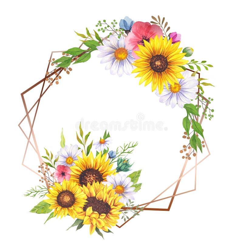 Floral Frames with Wildflowers and Leaves. Watercolor sunflower frame. White background. Watercolor floral. Botanical Drawing.