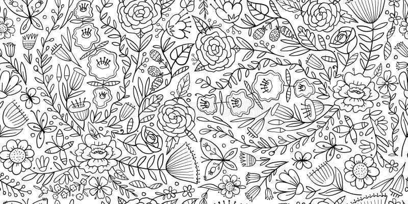 Floral Garden. Spring concept Background. Seamless pattern for your design. Colouring page