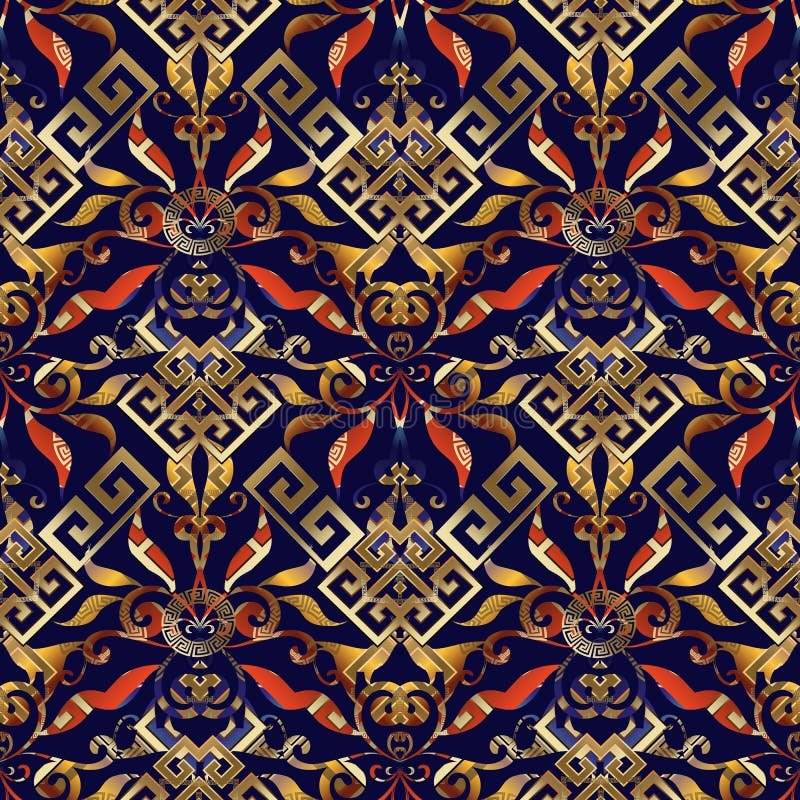 Floral greek key seamless pattern. Vector abstract geometric bright background. Vintage flowers, swirls, leaves, lines, circles vector illustration Floral greek key seamless pattern. Vector abstract geometric bright background. Vintage flowers, swirls, leaves, lines, circles vector illustration