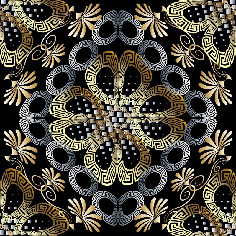 Floral greek vector seamless pattern. Abstract geometric background. Ornamental gold silver flowers, shapes, circles, mandalas, h