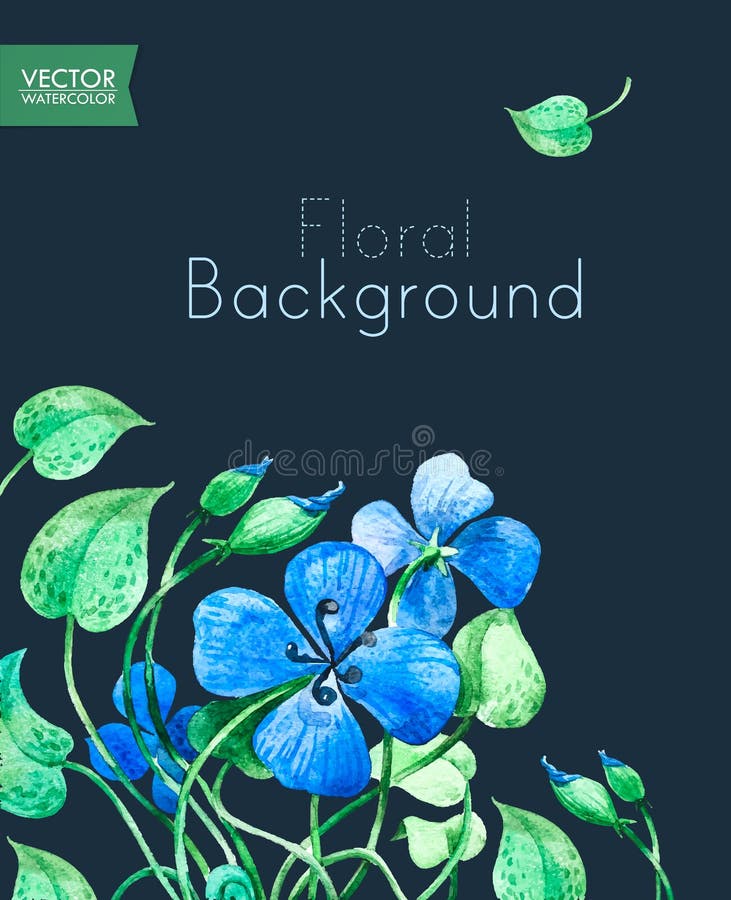 Floral Greeting Card Template with Blue Blooming Flowers. vector illustration
