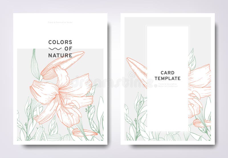 Floral greeting/invitation card template design, hand drawn lily flowers with leaves, minimalist pastel style stock illustration Floral greeting/invitation card template design, hand drawn lily flowers with leaves, minimalist pastel style stock illustration