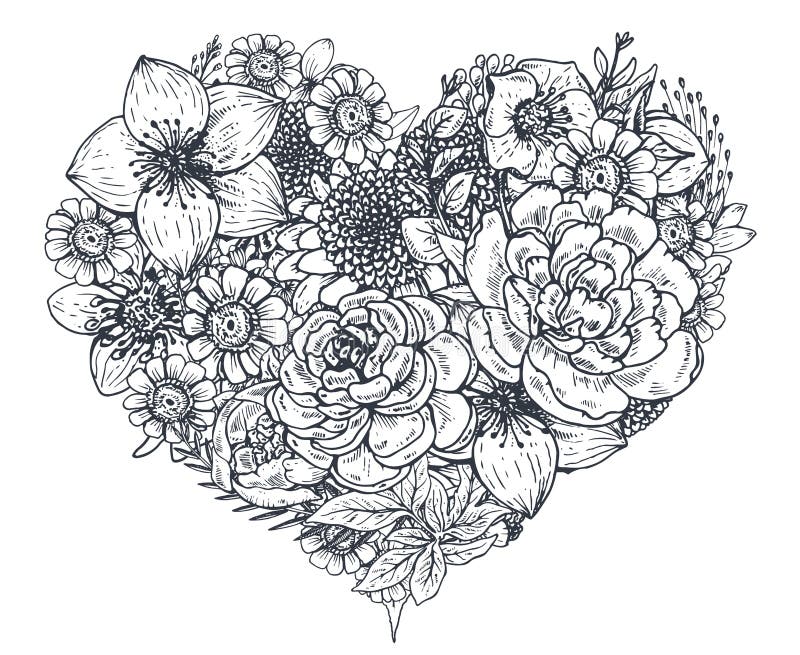 Floral heart. Bouquet with hand drawn flowers and plants.