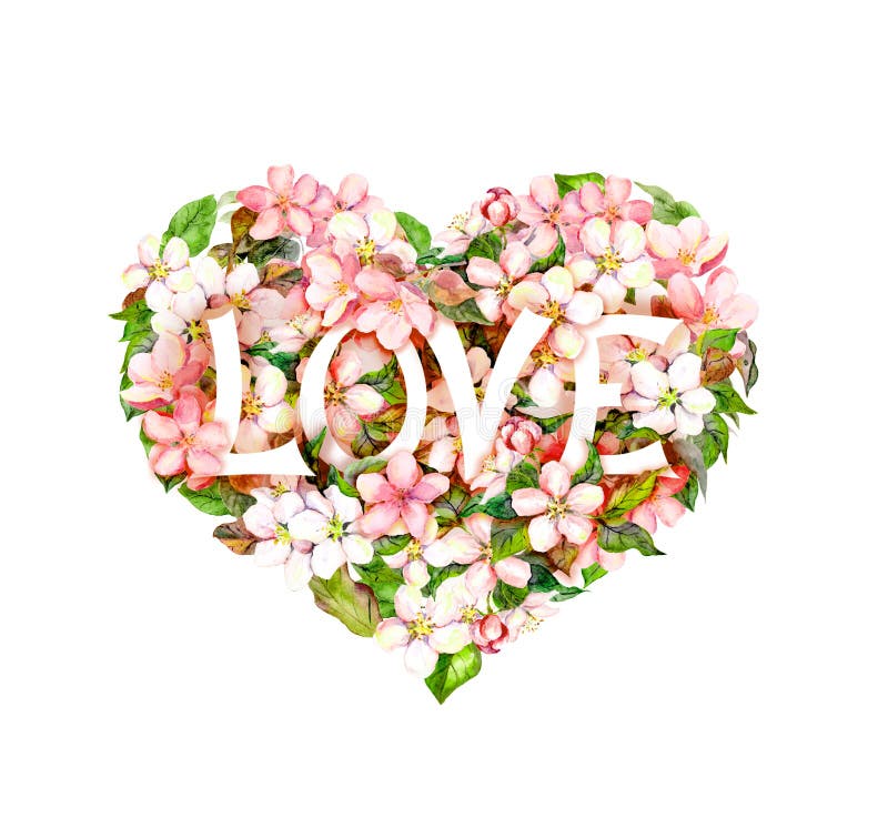 Floral heart with pink apple, cherry sakura flowers, text Love . Watercolor