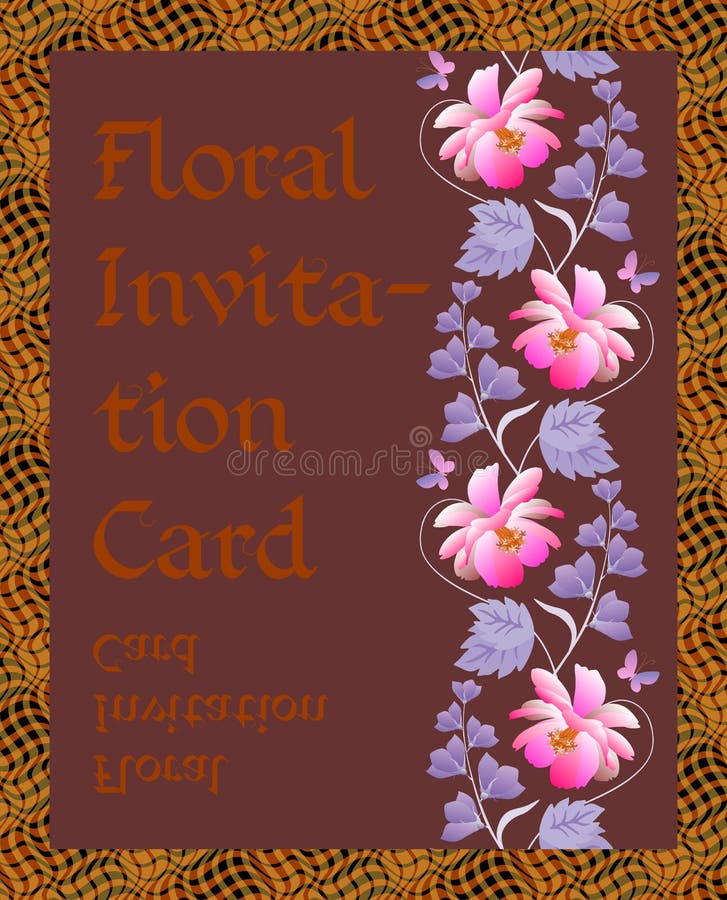 Floral invitation card with vertical wreath of cosmos, bell flowers and leaves on dark brown background. Vector spring design royalty free illustration Floral invitation card with vertical wreath of cosmos, bell flowers and leaves on dark brown background. Vector spring design royalty free illustration