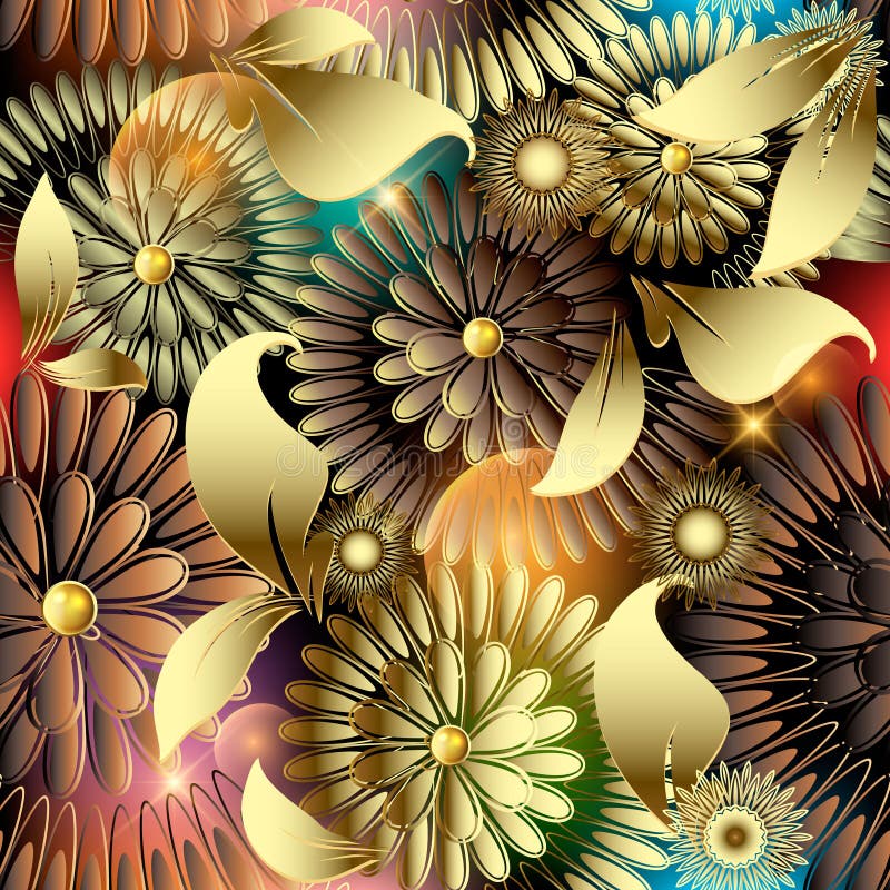 Floral luxury 3d seamless pattern. Colorful glowing vector background. Repeat shiny backdrop. Ornate decorative ornament with