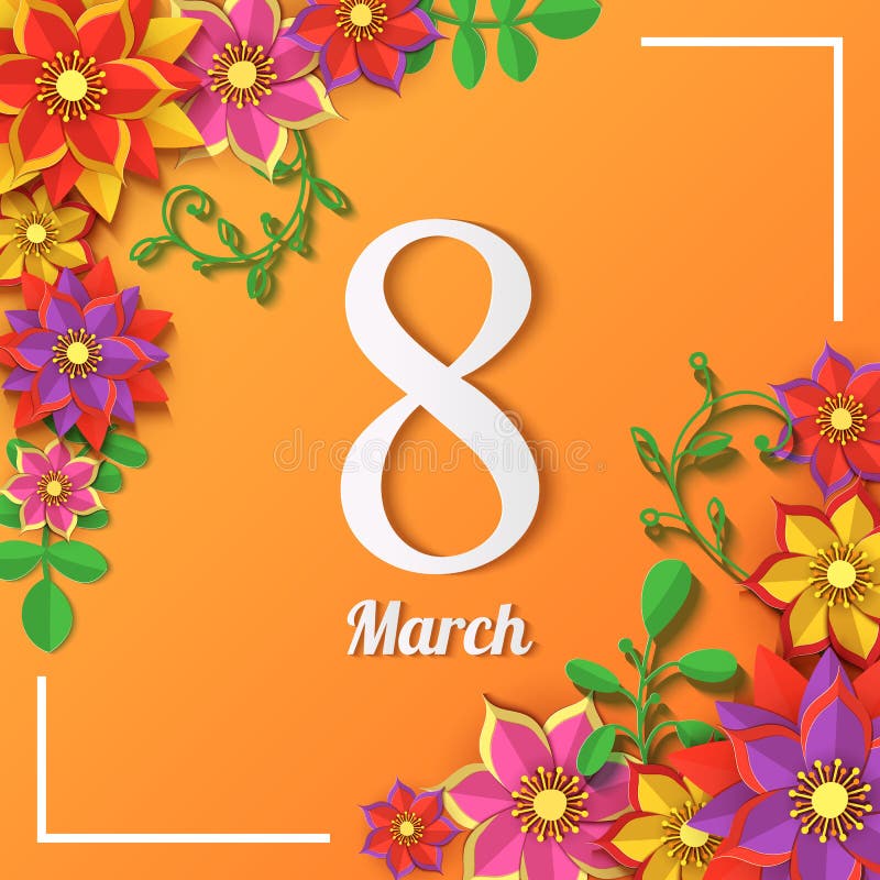 Floral 8 march greeting card. Happy Women`s Day. Paper cut flower holiday frame on yellow background with with figure stock illustration Floral 8 march greeting card. Happy Women`s Day. Paper cut flower holiday frame on yellow background with with figure stock illustration