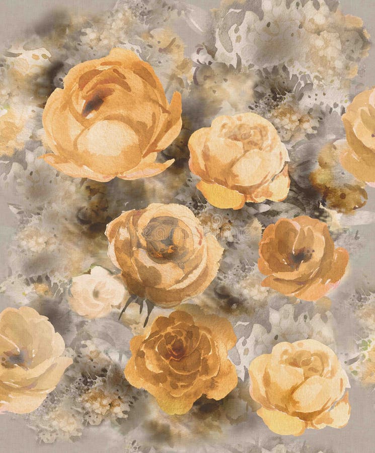 Monochrome watercolor gold decorative flowers on a dark background - a large pattern for wallpaper