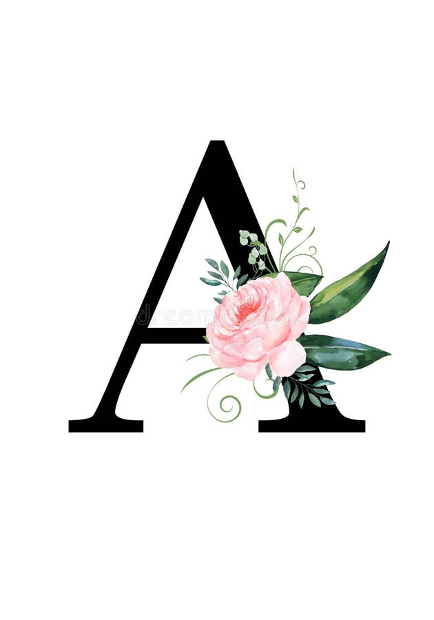 Floral Monogram Letter - Decorated with a Watercolor Rose and Leaves ...