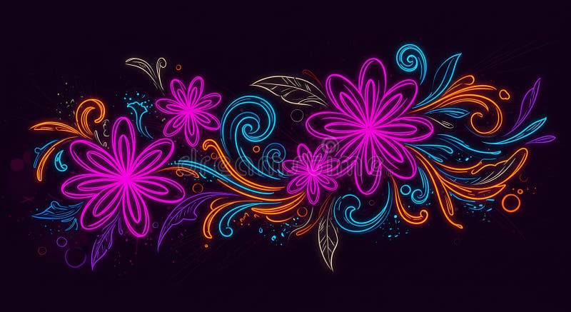 Floral neon illustration featuring vibrant, swirling patterns against a dark stock illustration