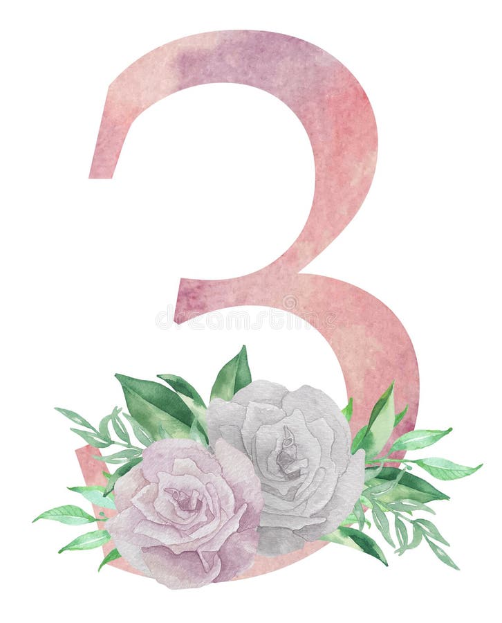 Watercolor Pink Floral Number - Digit 3 Three with Flowers Bouquet ...