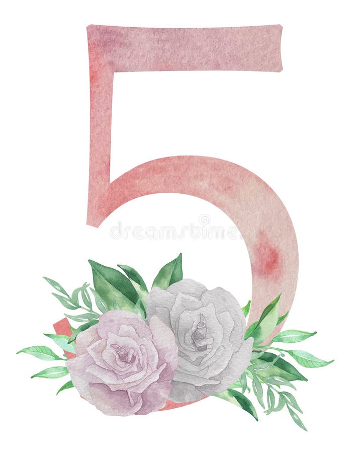 Watercolor Pink Floral Number - Digit 5 Five with Flowers Bouquet ...