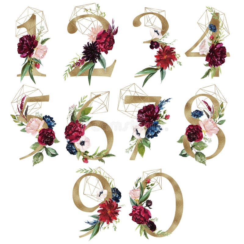 Floral Number Set - digits 1, 2, 3, 4, 5, 6, 7, 8, 9, 0 with flowers bouquet composition, delicate gold geometric shape crystal
