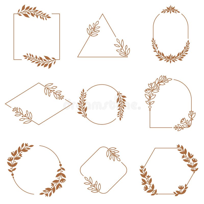 Floral ornament badge frames. Ornamental flowers, leaves and branches wreath badges frame. Minimalist decorative emblem