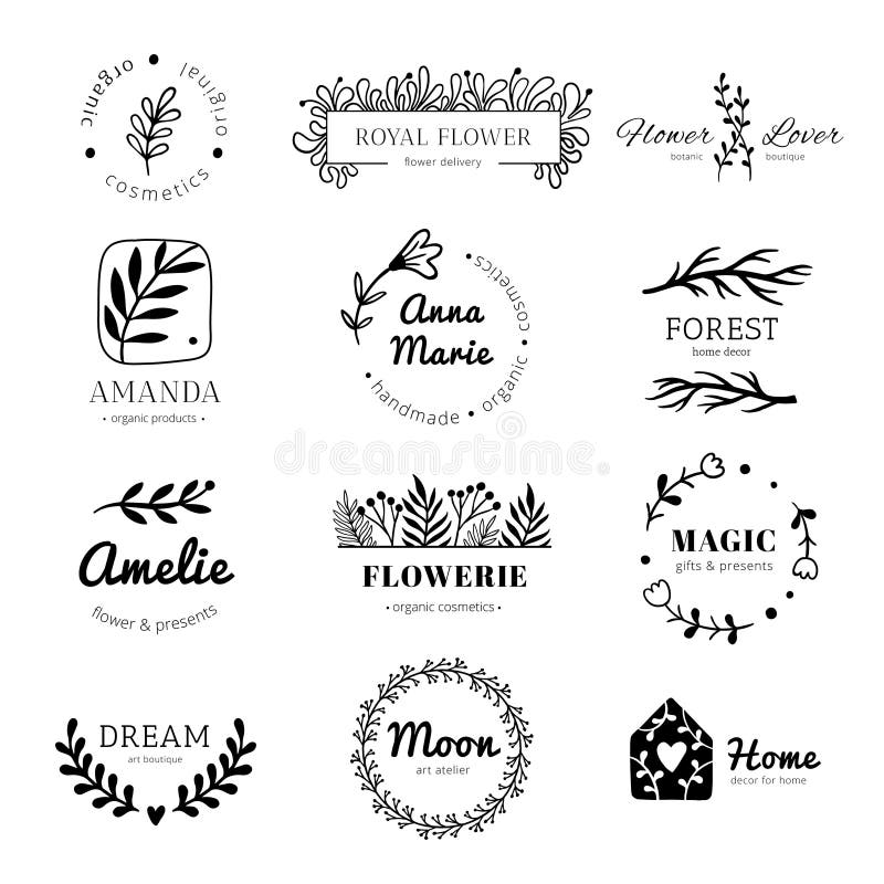 Floral ornament logo. Laurel leaves wreath frame, doodle flower leaf label and vintage flowers ornaments badges isolated vector illustration Floral ornament logo. Laurel leaves wreath frame, doodle flower leaf label and vintage flowers ornaments badges isolated vector illustration