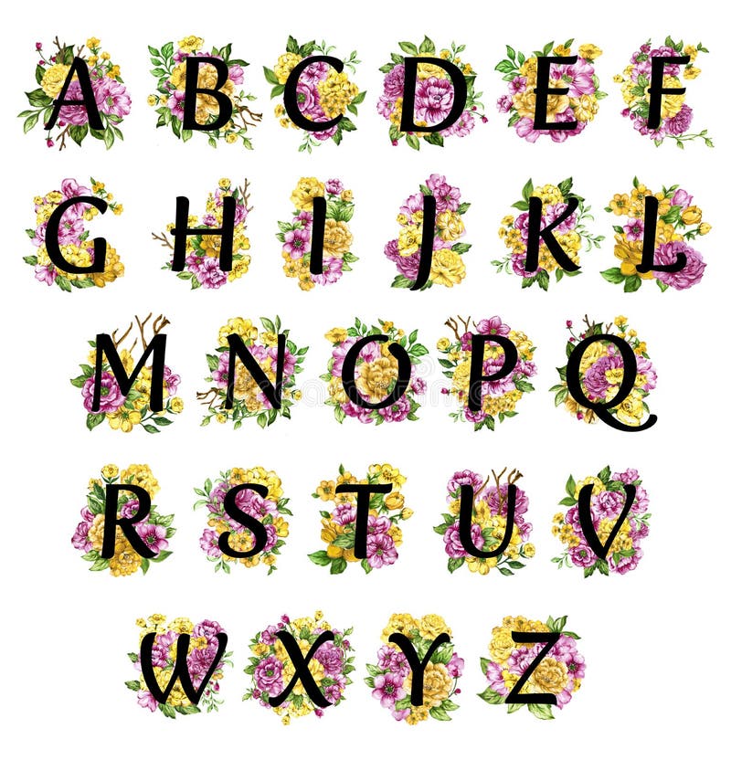 Floral Ornate Letters Flowers Pink, Yellow Vintage Font and Flower ...