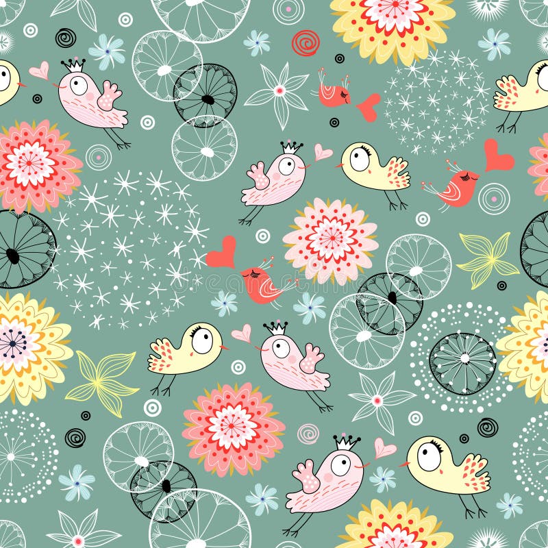 Floral pattern with birds in love