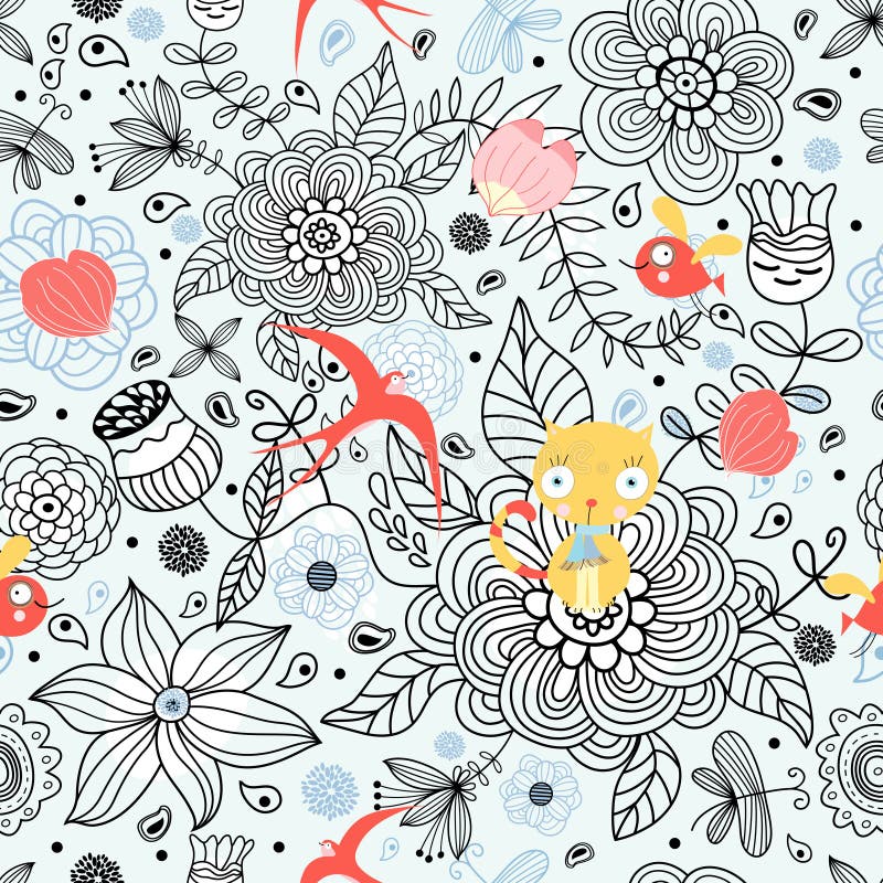 Floral pattern with cats and birds