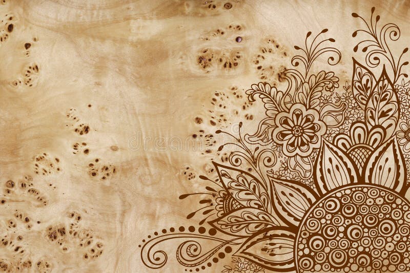 Calligraphic Vintage Pattern, Symbolic Flowers and Leafs, Abstract Floral Outline Ornament, Brown Contours on Wood Texture, Veneer Poplar Root. Calligraphic Vintage Pattern, Symbolic Flowers and Leafs, Abstract Floral Outline Ornament, Brown Contours on Wood Texture, Veneer Poplar Root