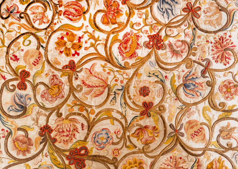 Floral patterns on painted textile from Sicily. Design of silk carpet from 17th century. Italian vintage