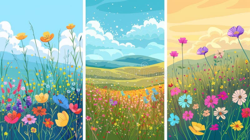 Floral plant posters, spring and summer nature landscapes. Blossomed blooms, meadow hills, vertical countryside banners. Colored flat modern illustrations.. AI generated