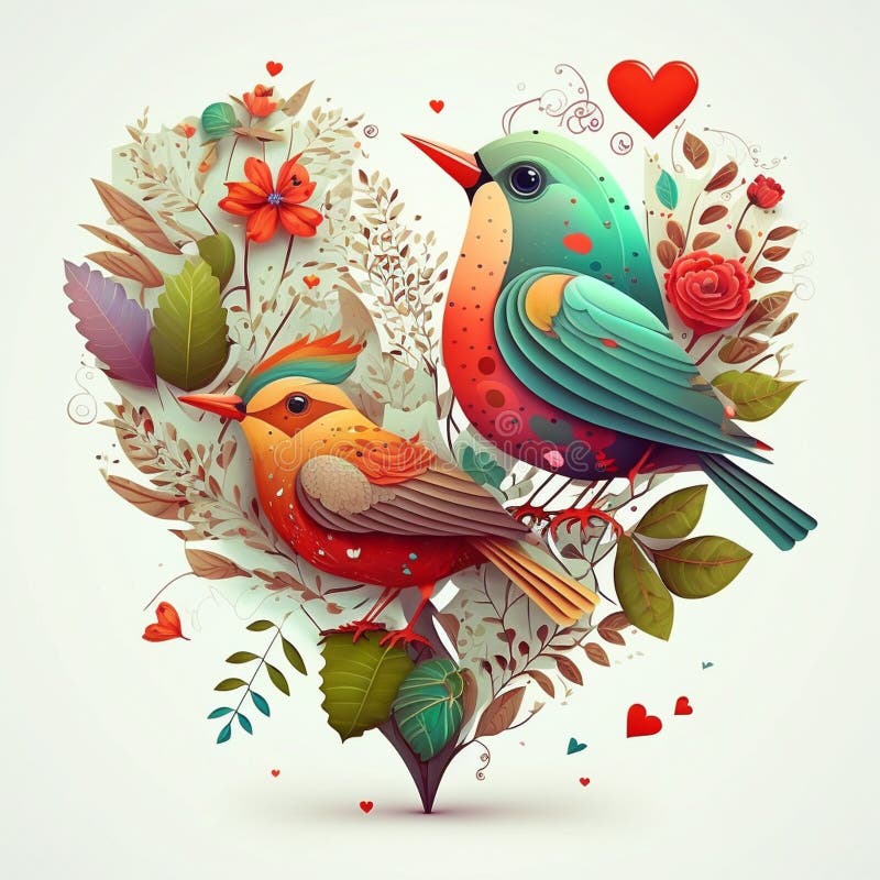 Floral romantic heart, birds and flowers. Valentines love illustration on white background