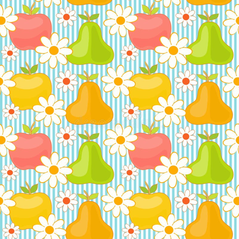 Floral seamless pattern with apples and pears, cute garden vector background stock illustration