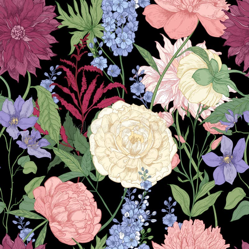 Floral seamless pattern with elegant flowers and flowering plants used in floristry hand drawn on black background