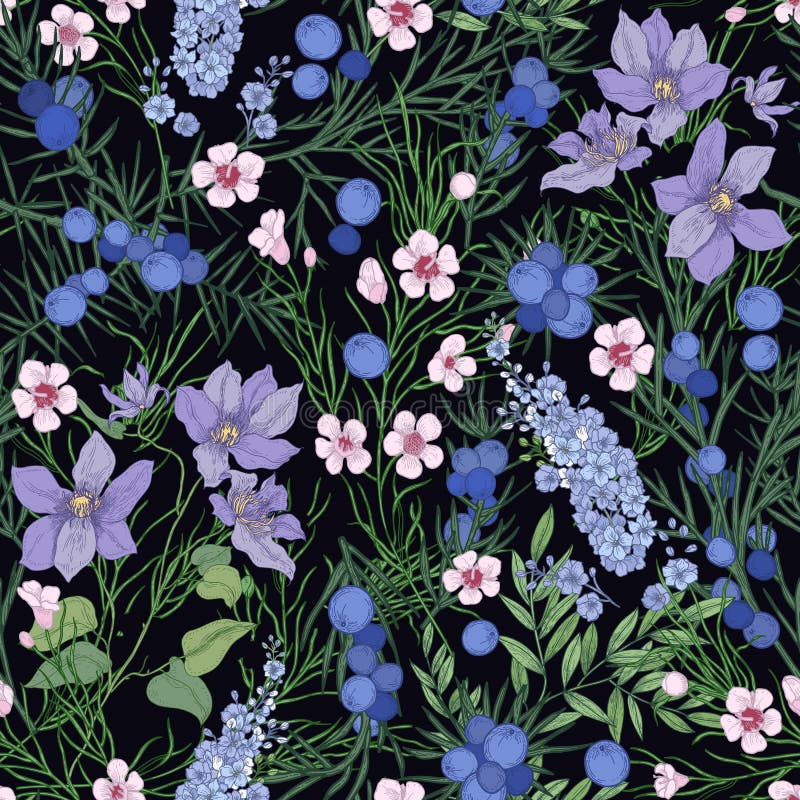 Floral seamless pattern with gorgeous blooming flowers and wild flowering herbs on black background. Natural backdrop