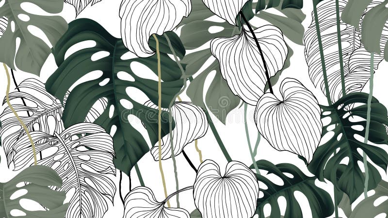 Floral seamless pattern, green, black and white split-leaf Philodendron plant with vines on white background, pastel vintage