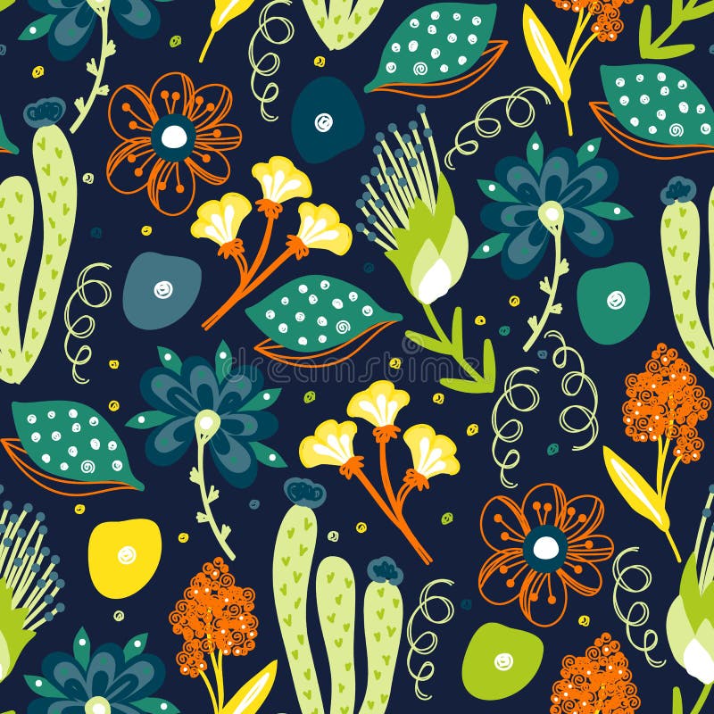 Floral seamless pattern. Hand drawn creative flowers. Colorful artistic background with blossom. Abstract herb. It can be used for wallpaper, textiles royalty free illustration Floral seamless pattern. Hand drawn creative flowers. Colorful artistic background with blossom. Abstract herb. It can be used for wallpaper, textiles royalty free illustration