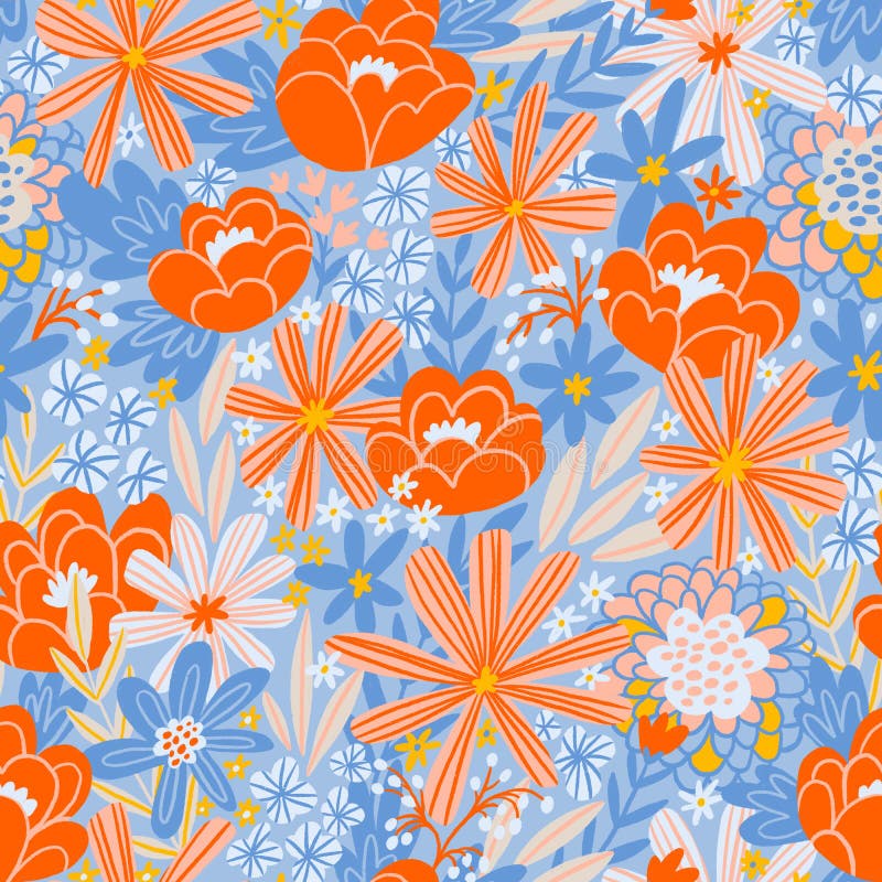 Floral seamless pattern in hand-drawn style. Beautiful flowers in pink and blue colors. Repeat background. Design for wallpaper