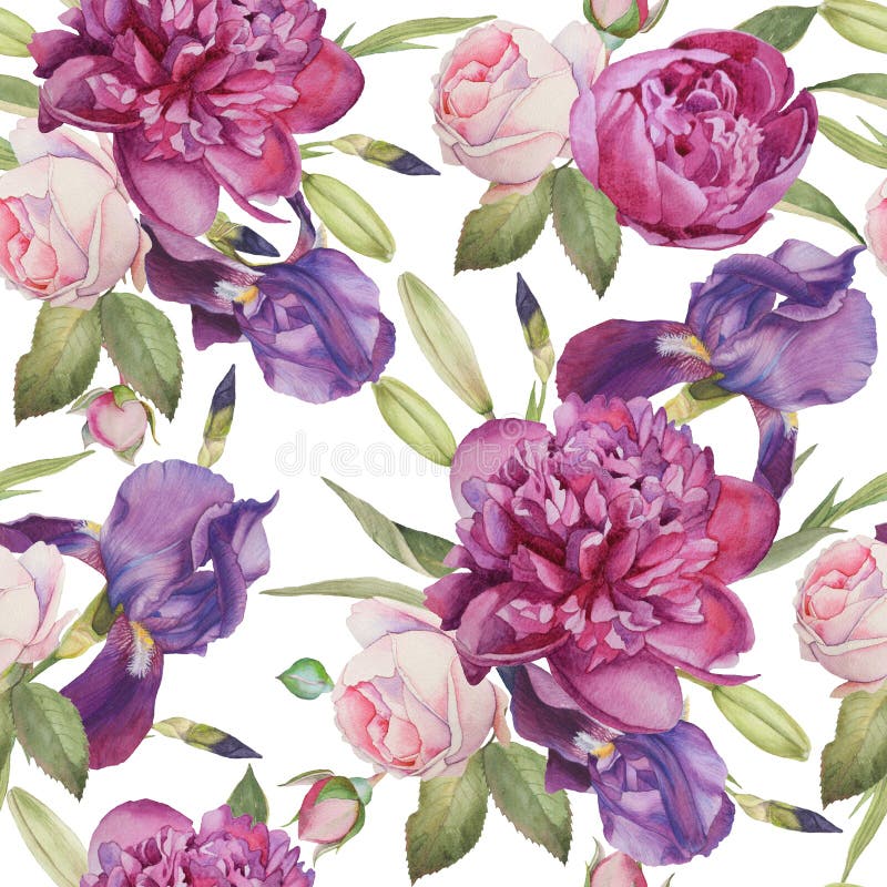 Floral seamless pattern with hand drawn watercolor peonies, roses and irises